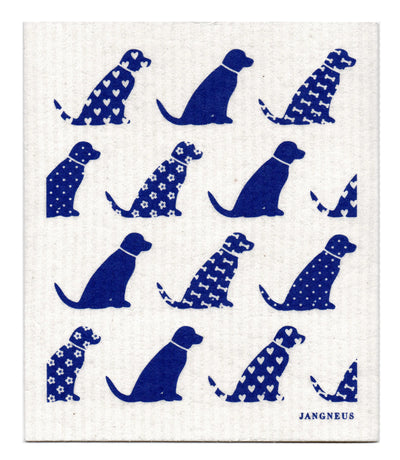 Pattern of cobalt blue sitting dog silhouettes with various patterns (solid, bones, hearts, dots, and flowers) on a white background. Dogs are similar to the lab breed.