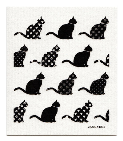 Pattern of black sitting cat silhouettes with various patterns (solid, balls of yarn, hearts, dots, and flowers) on a white background. 