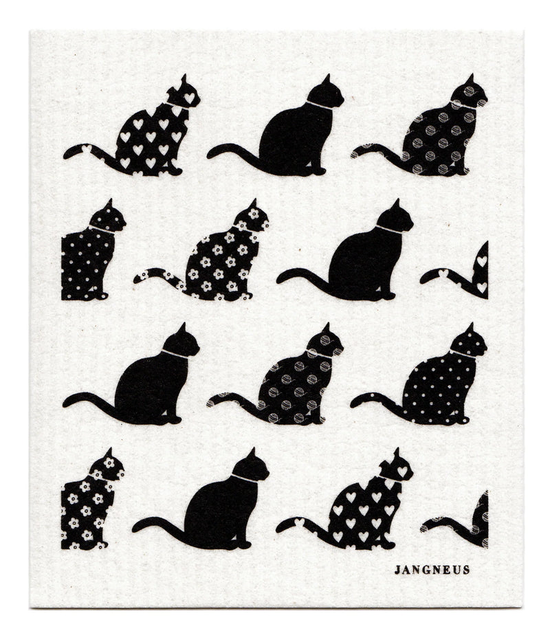 Pattern of black sitting cat silhouettes with various patterns (solid, balls of yarn, hearts, dots, and flowers) on a white background. 