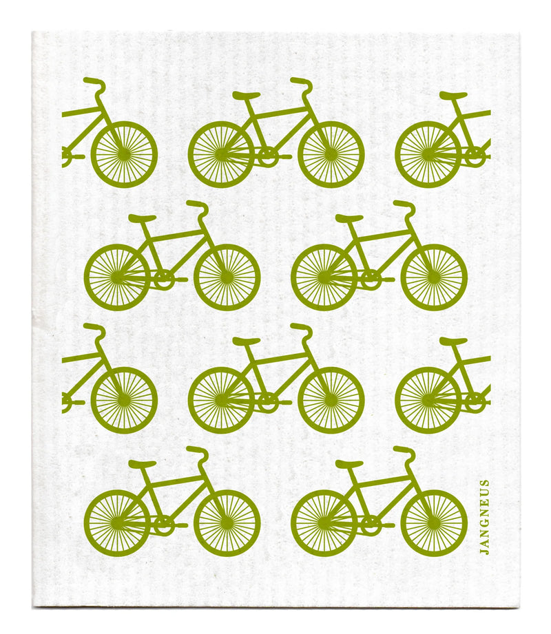 Pattern of green bicycles on a white background.