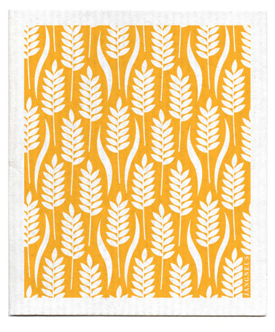 Pattern of single stems of wheat, coloured white, on an orange background. 