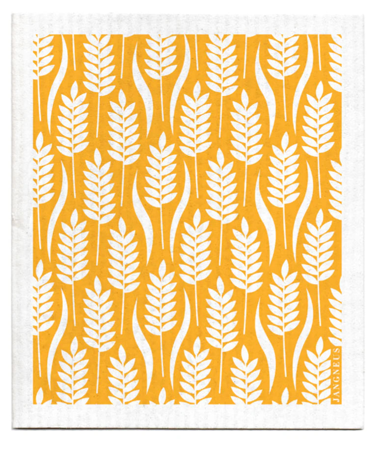 Pattern of single stems of wheat, coloured white, on an orange background. 