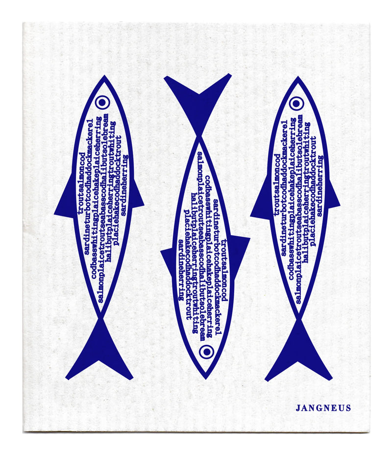 Three blue fish (similar to sardines) with side profiles laying vertically on the design. Fish are filled with words of fish types (cod, mackerel, salmon, etc)