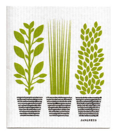 Three herbs (green) in grey pots created with words of herbs (I.e. chives, mint, etc.)