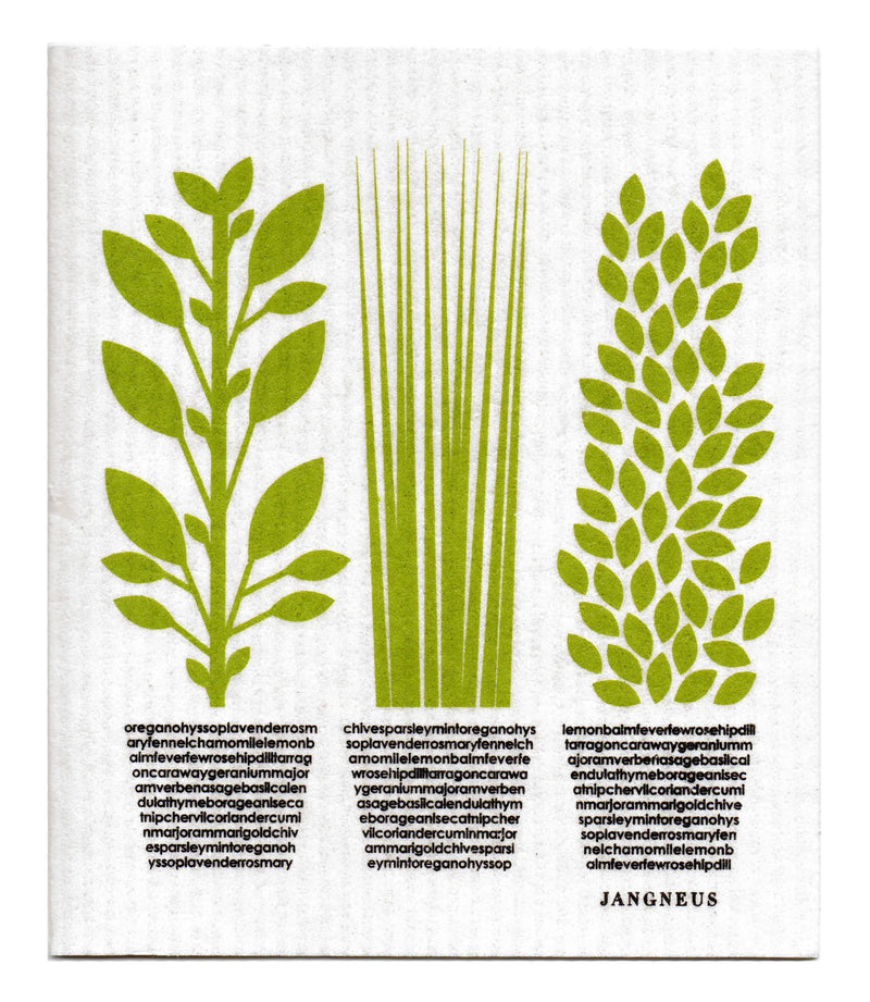 Three herbs (green) in grey pots created with words of herbs (I.e. chives, mint, etc.)