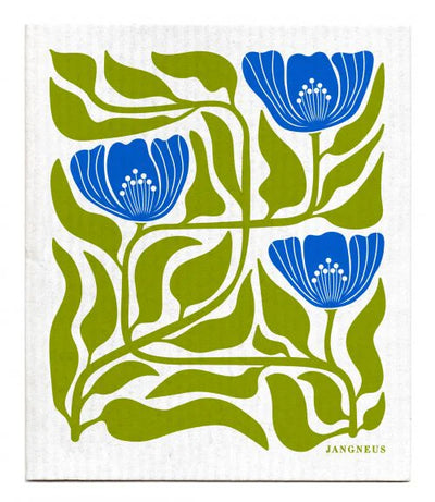 Illustration of four blue flowers with green stems and leaves. Image is abstract where the stems and leaves fill the image. On a white background.