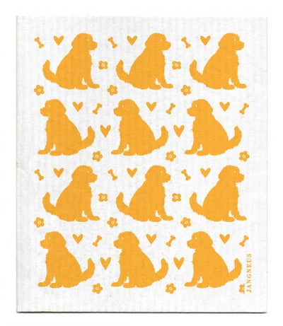 Pattern of orange sitting dog silhouettes with smaller orange bones, hearts, and flowers a white background. Dogs are similar to the doodle breed.