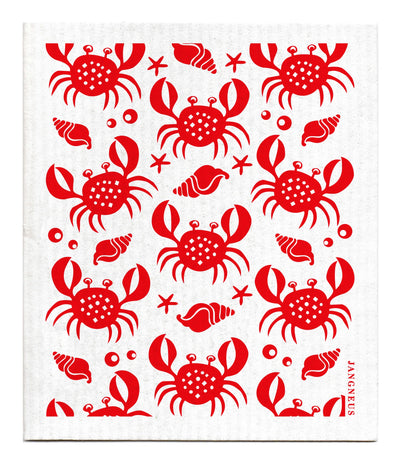 Pattern of red crabs scattered across with red seashells, starfish, and bubbles on a white background.