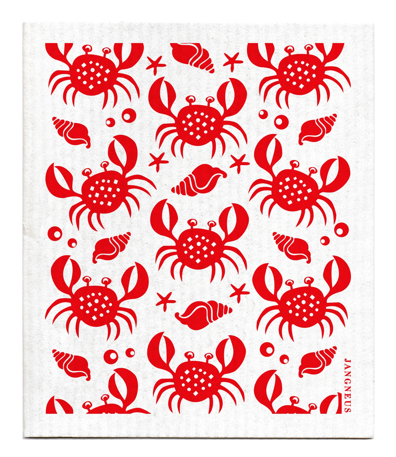 Pattern of red crabs scattered across with red seashells, starfish, and bubbles on a white background.