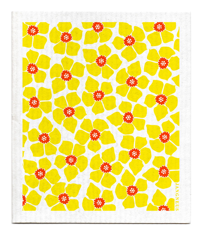 Pattern of yellow daffodil heads with red pollen.