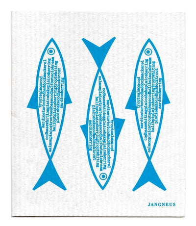 Three turquoise fish (similar to sardines) with side profiles laying vertically on the design. Fish are filled with words of fish types (cod, mackerel, salmon, etc)