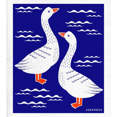 Two white geese facing each other but staggered. They have orange beaks and feet. White squiggles are around to mimic water. Background is blue.