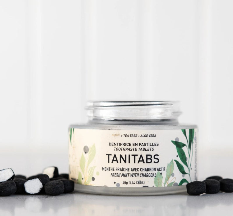 TANITABS Charcoal Mint Toothpaste Tablets Glass Jar 124 tablets | Tanit