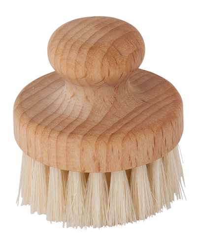 Sustainably made, handcrafted face brush with a round shape, made from oiled beechwood and a light bristle. Size 5 cm.